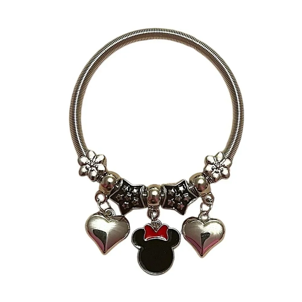 🤯5/$25🤯 Black Minnie Mouse Heart Stretchy Silver Tone Charm Bracelet